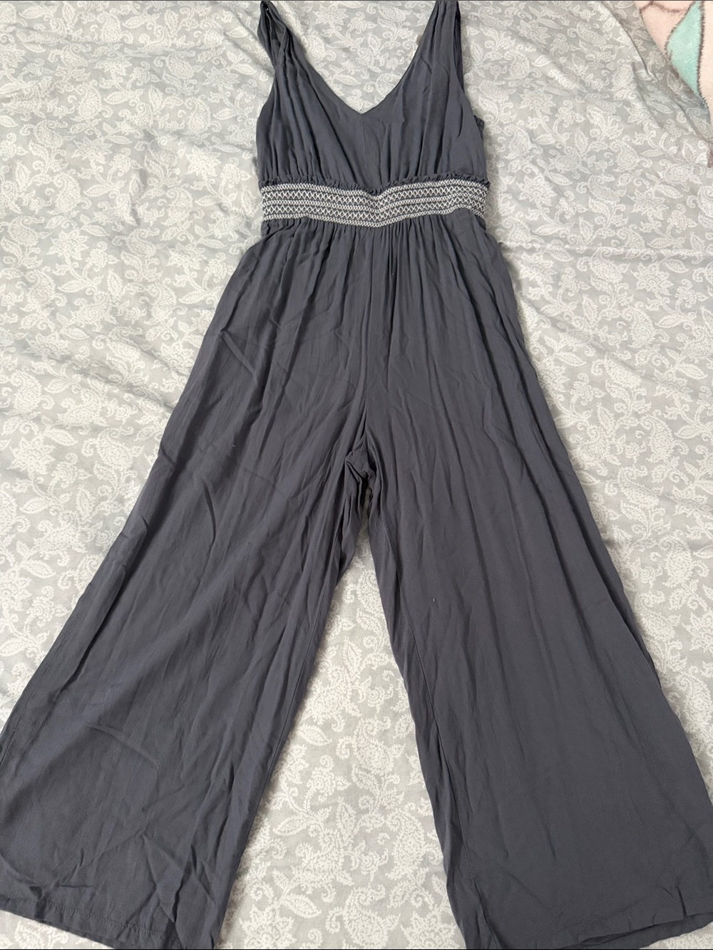 Japna Dark Gray Wide-Leg Jumpsuit with Smocked Waist